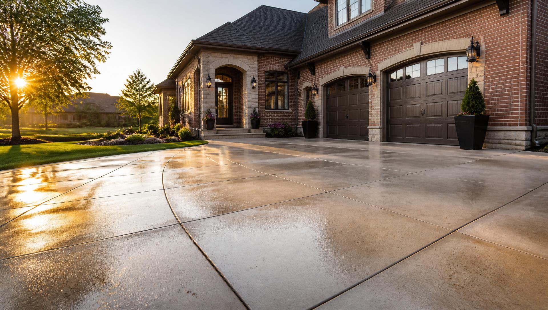 Freshly pressure washed driveway in front of a brick home at sunset